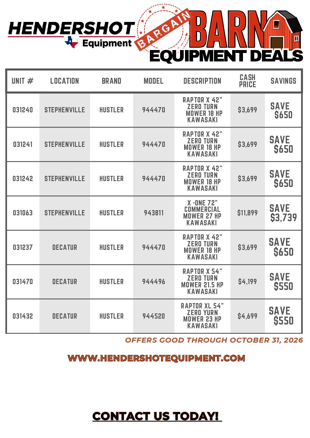 Hustler Equipment Deals Bargain Barn
