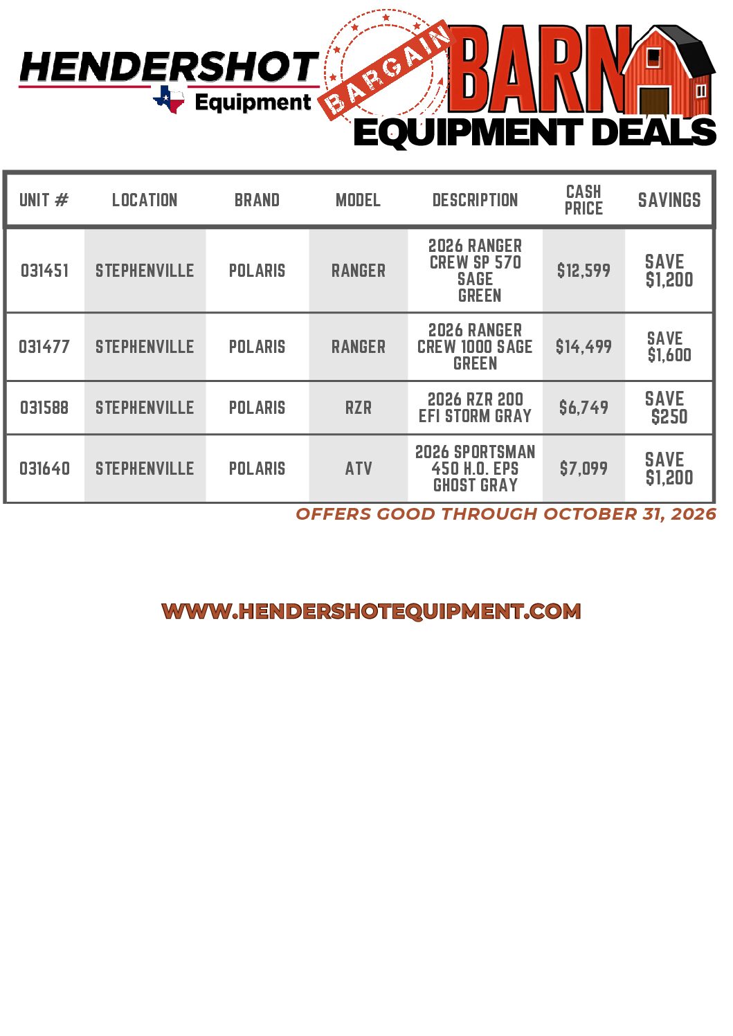 Polaris Equipment Deals list Bargain Barn